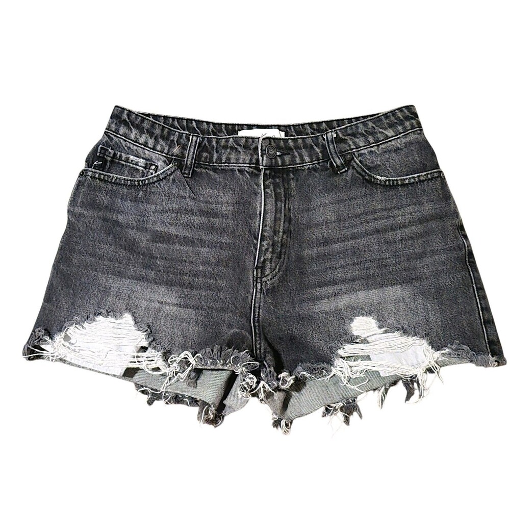 Kancan 11/29 High Rise Shorts Black Denim Jean Distressed Frayed Stretchy